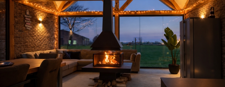 Interieur luxe poolhouse, gezellige loungeruimte met vrijstaande haard, bakstenen muren en grote glaspartijen